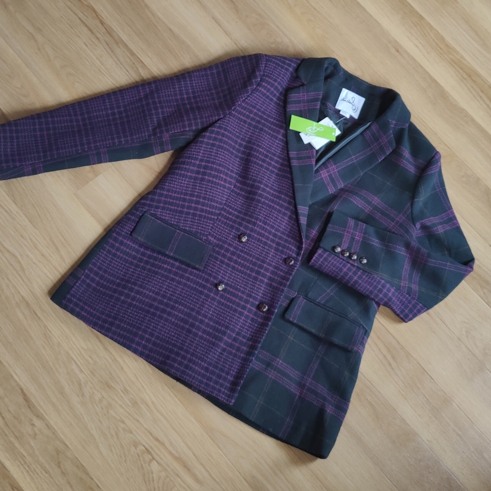 Sam Edelman Purple and Black Plaid Pea Coat NWT Sz Large Wool Blend